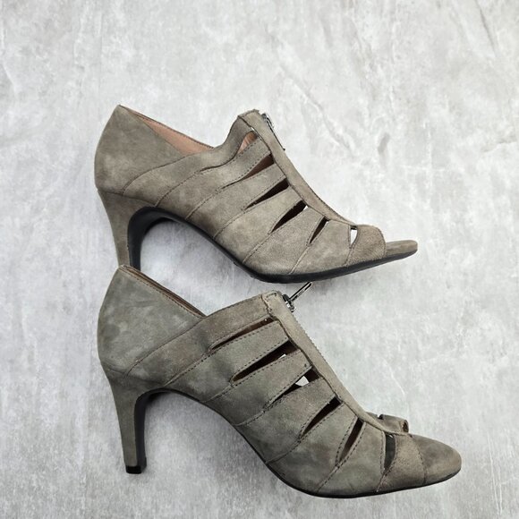 Aerosoles Peep Toe Ankle Bootie Suede Greem Moto Zip High Heel Shoe Boot  Sz 7.5 - Picture 5 of 12